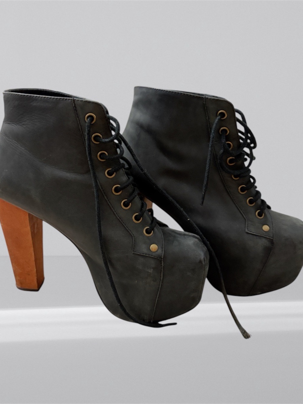 Jeffrey Campbell Black Lace-Up Platform Ankle Boots with Brown Block Heel